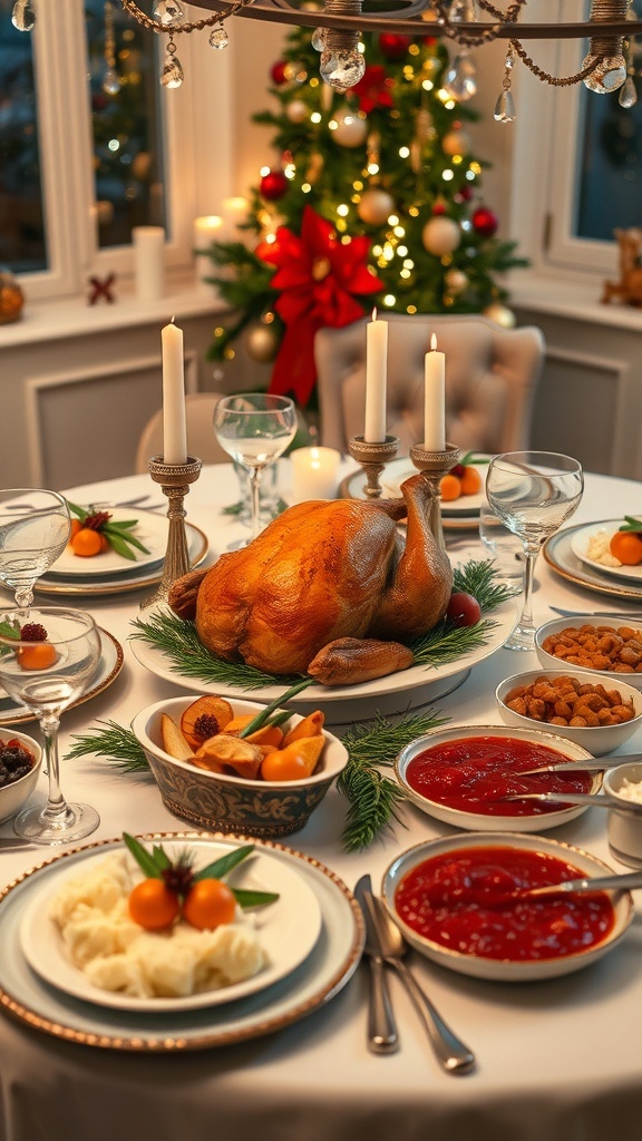 Elegant Christmas Dinner Recipe An elegantly set Christmas dinner table with roasted turkey, side dishes, and festive decorations.